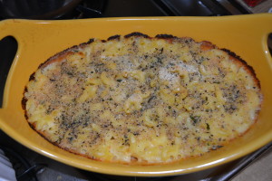 Finished baked macaroni and cheese, ready to enjoy in about 45 minutes.