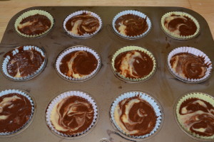 Add chocolate batter on top and swirl.