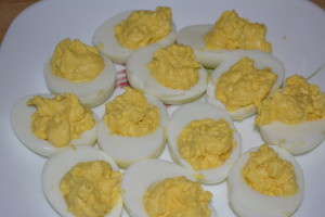 Filled eggs with mayo/mustard mixture.