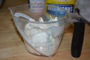 Mixture of mayonnaise and sour cream.