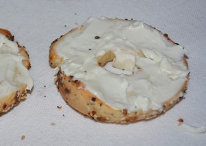 Everything bagels lightly toasted and layered with low fat cream cheese.