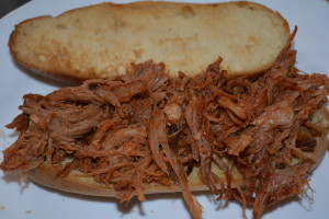 Gluten free pulled pork on a Schar hot dog bun.