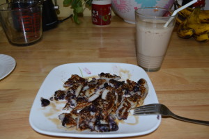 Serve pancakes with a little bit of Smart Balance butter and light maple syrup. I added a banana peanut butter smoothie made with Dream Blends coconut, chia, and almond drink. 