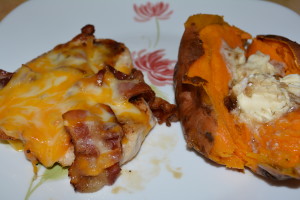 Chicken breast with baked sweet potato.