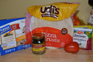 Ingredients for my divine gluten free tomato and chicken pesto pizza.