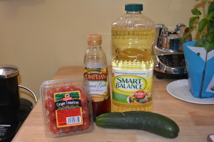 Tomato cucumber salad ingredients.