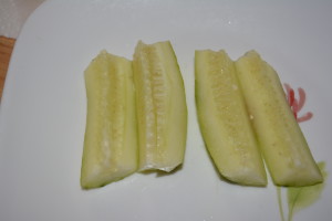 Slice cucumbers into small bite-size pieces.