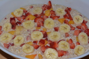 Top with remaining fruit before baking.