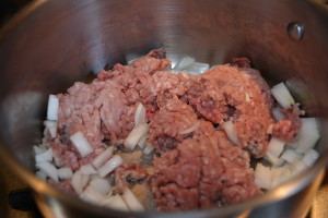 Brown ground beef and onions in skillet.