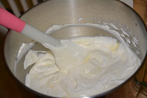 Light whipped topping mixed with vanilla pudding packets and skim milk.