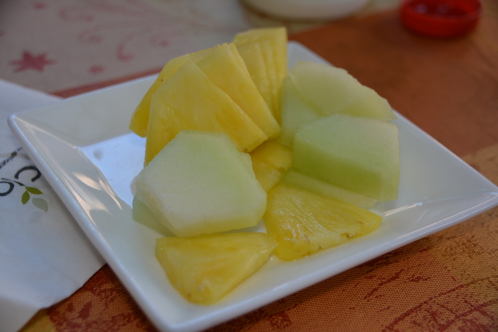 Nothing too flashy, but a refreshing plate of fresh fruit was a nice treat while we waited for our late breakfast.