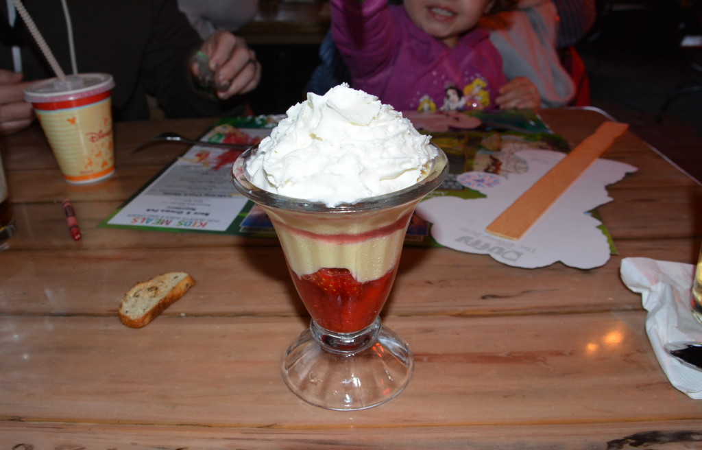 Rose and Crown gluten free English trifle with layers of fruit and custard, hold the cookie. 